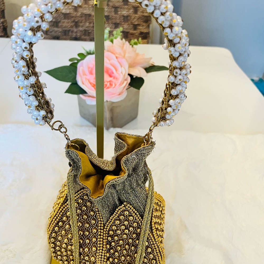 RAMLA Gold Beaded Drawstring Evening Bag Pearl Handle Clutch Purse - Picture 5 of 14